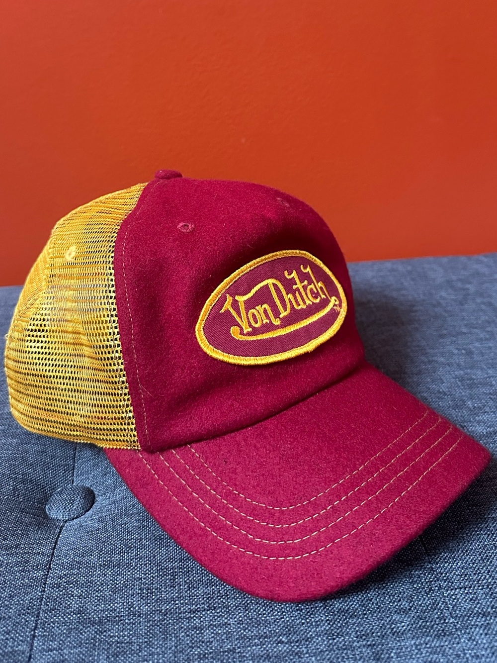 Von Dutch  Hat Men’s Snapback Red Yellow Trucker Cap Adjustable Mesh Back